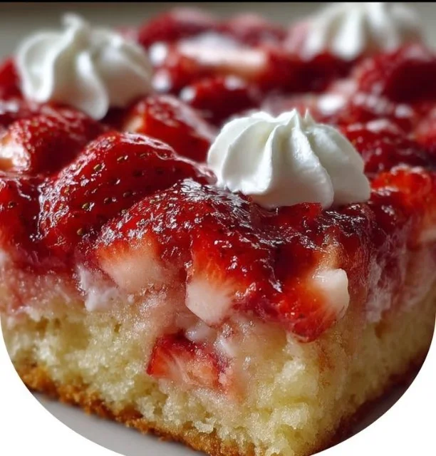 Delicious upside down strawberry cake with fresh strawberries on top