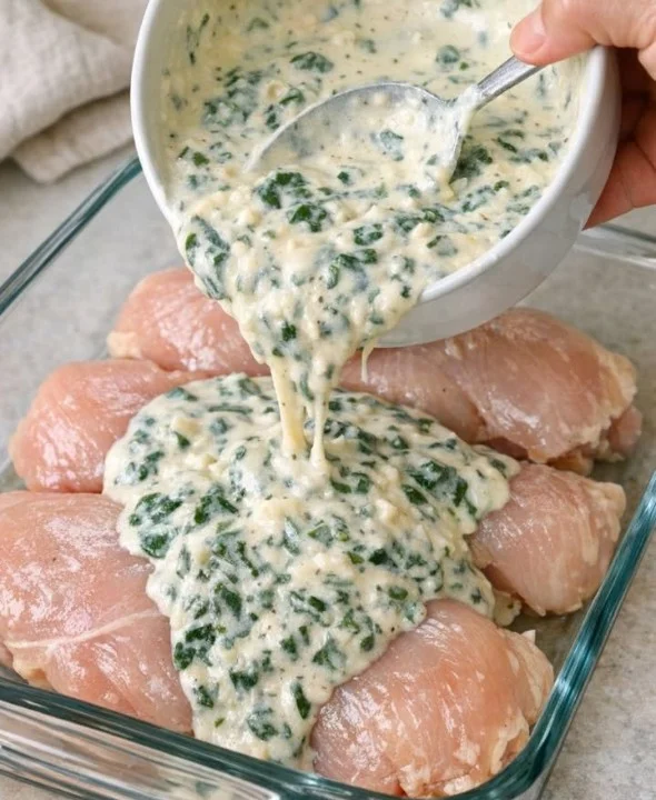 Delicious velvety chicken casserole dish topped with herbs and spices