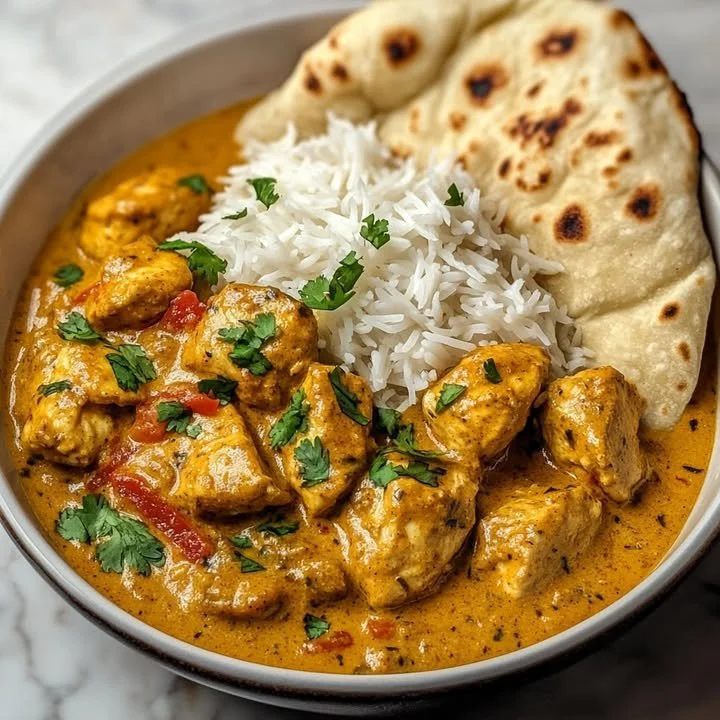 Velvety coconut chicken curry with spices and homemade naan on a plate