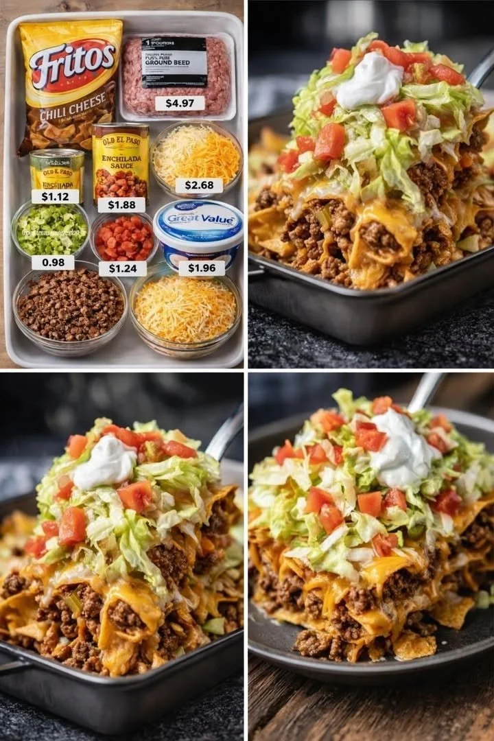 Walking Taco Casserole with toppings in a baking dish