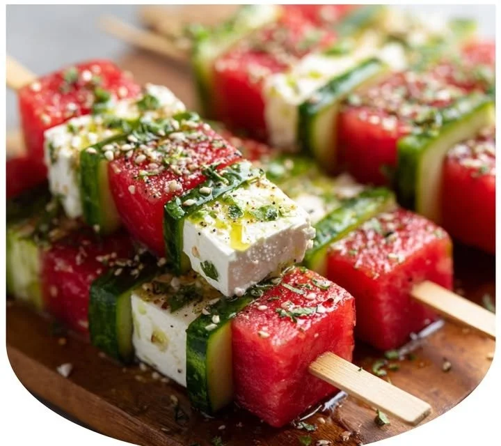 Watermelon cucumber feta skewers with Tajín and lime drizzle on a platter