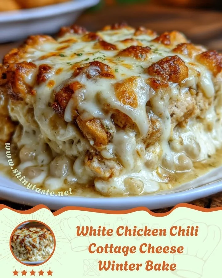 White chicken chili bake with cottage cheese in a winter setting.