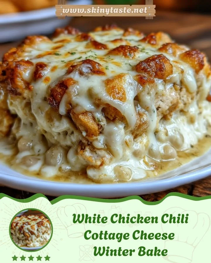 White Chicken Chili Cottage Cheese Winter Bake served in a bowl