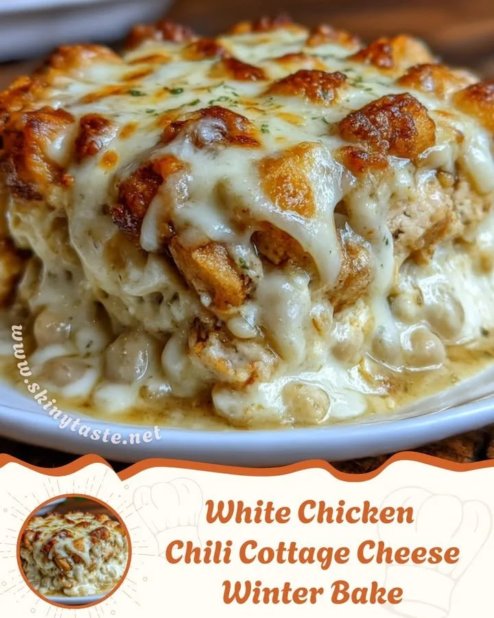 Bowl of White Chicken Chili Cottage Cheese Winter Bake topped with herbs.