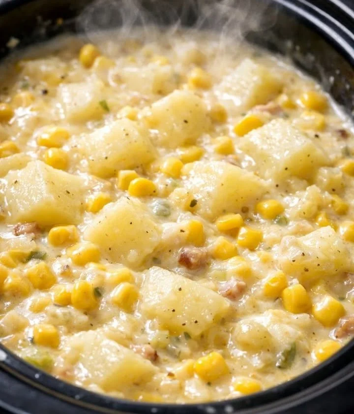 Bowl of creamy Winter Chowder topped with fresh herbs and vegetables.