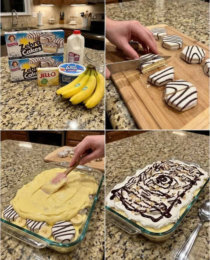 Delicious Zebra Cake Banana Pudding with banana layers and zebra pattern design.