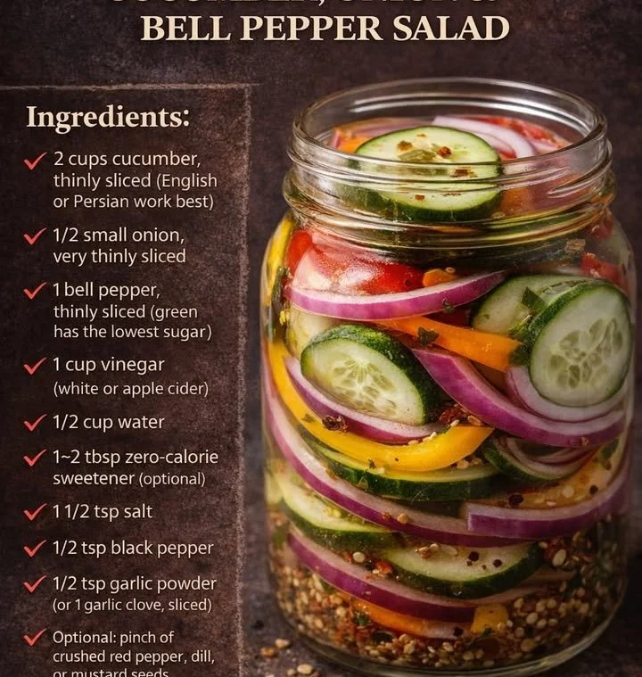 Zero-carb pickled salad with cucumbers, onions, and bell peppers in a bowl