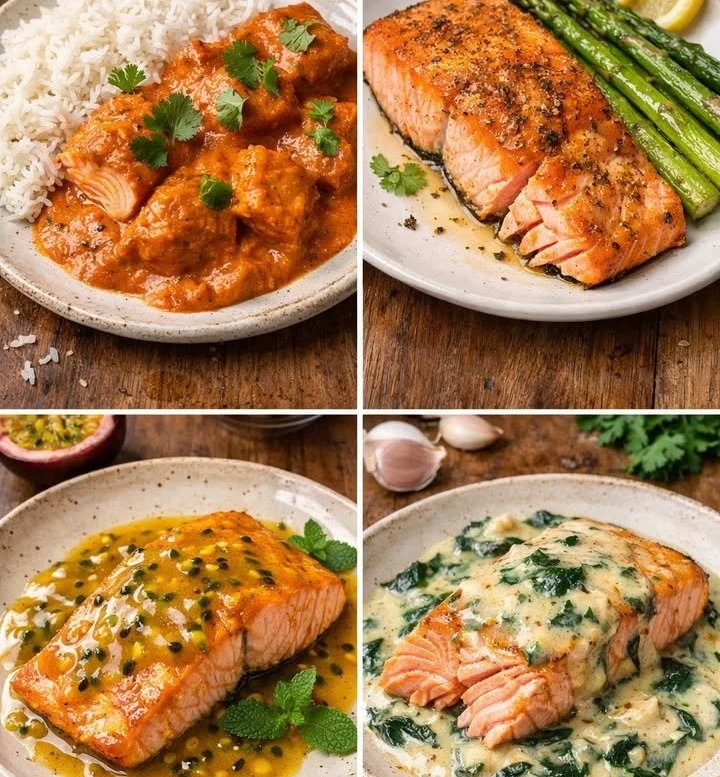 Delicious plate of four different salmon recipes garnished and ready to serve
