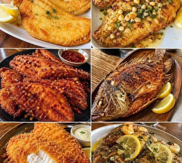 Plate of crispy fried fish with lemon and herbs