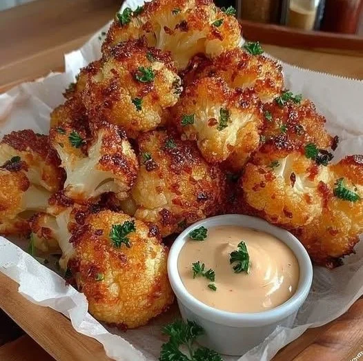 Air-fried crispy cauliflower dish garnished with herbs