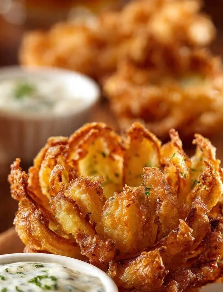 Crispy air fryer blooming onion served with dipping sauce