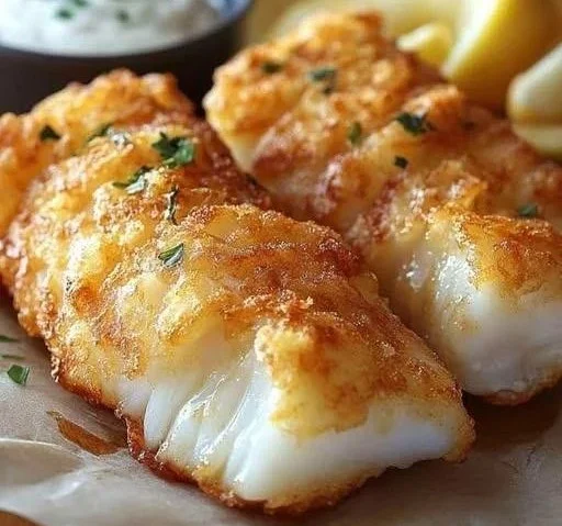 Crispy Air Fryer Cod fillets served on a plate with lemon and herbs