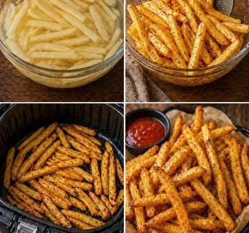 Air fryer crispy french fries served in a bowl, golden and delicious.