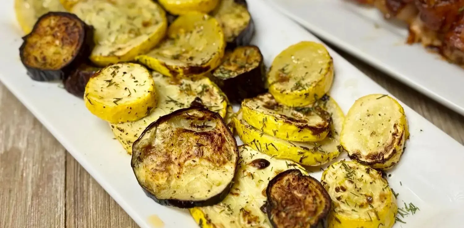 Air fryer dilly-roasted Japanese eggplant and squash, golden and crispy