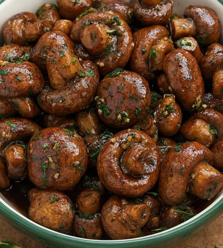 Air fryer garlic butter roasted mushrooms served in a bowl