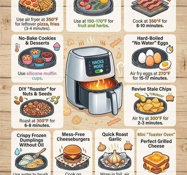 A collection of air fryer dishes showcasing essential cooking hacks.