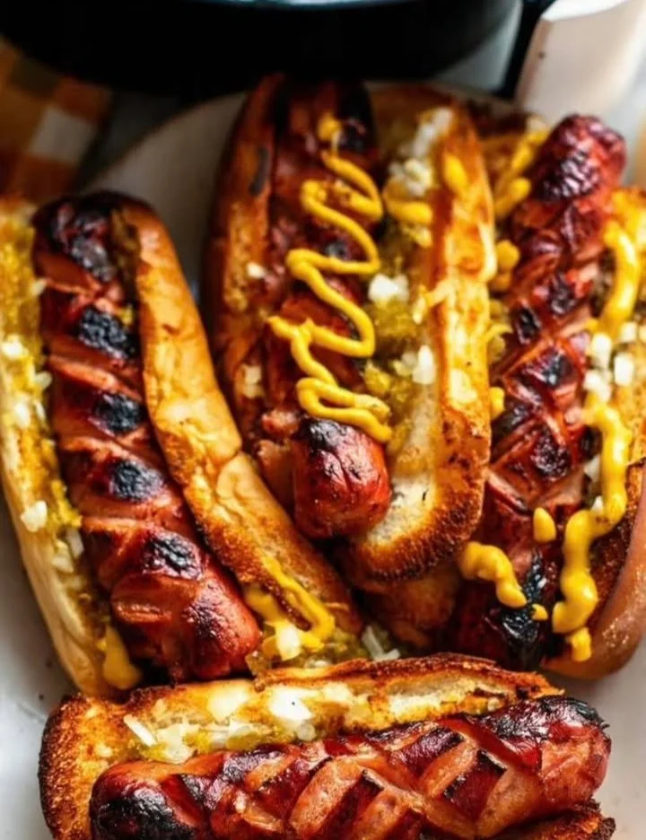 Air fryer hot dogs served on a plate with toppings