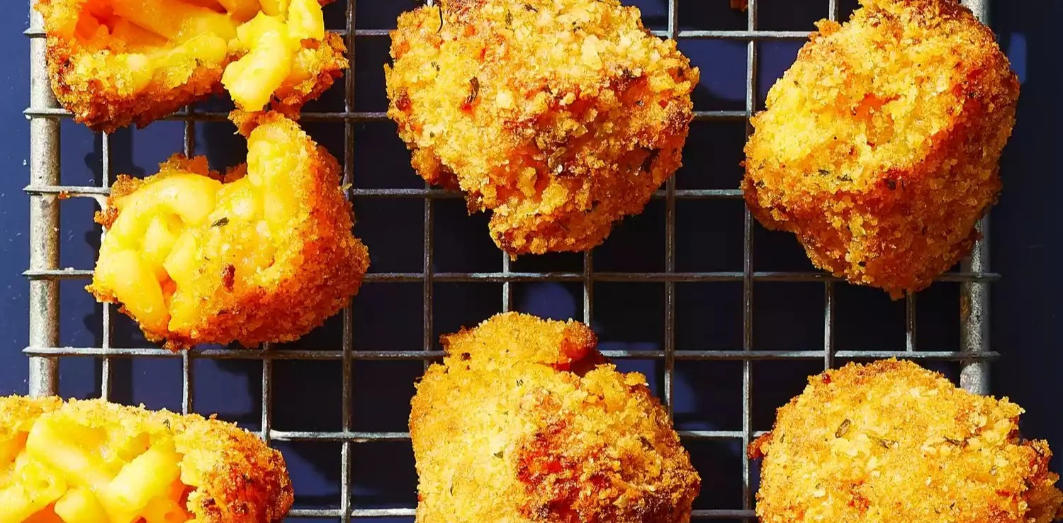 Golden Air Fryer Mac and Cheese Balls topped with crispy breadcrumbs