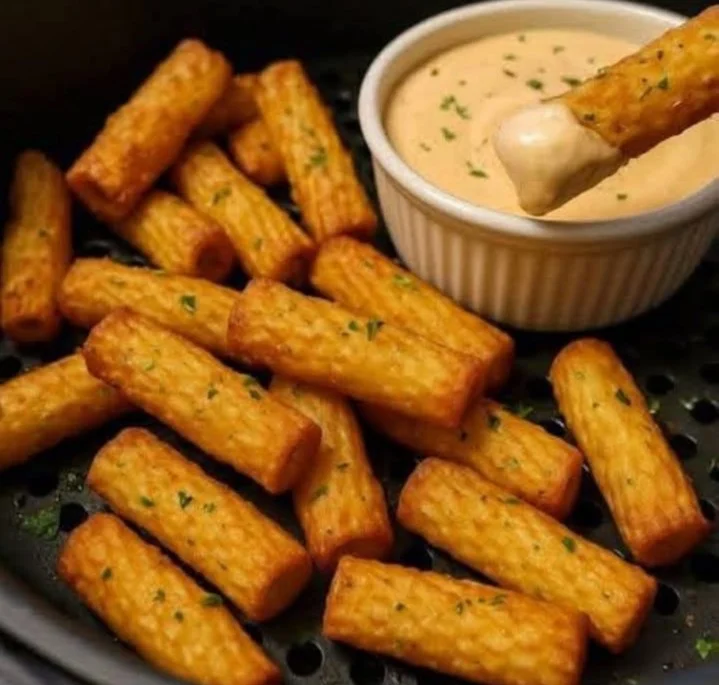 A plate of crispy air fryer pasta chips served with dipping sauce