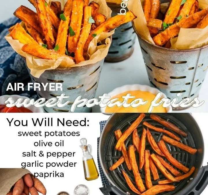 Crispy air fryer sweet potato fries served with dipping sauce