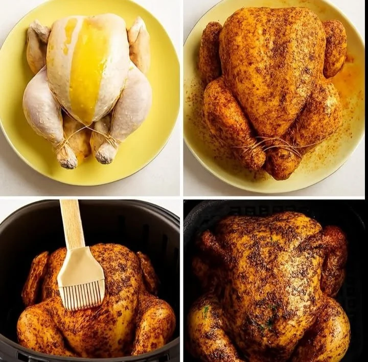 Juicy air fryer whole chicken cooked to perfection with crispy skin.
