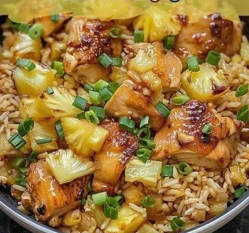 Airfryer Pineapple Chicken and Rice served on a plate with vibrant colors