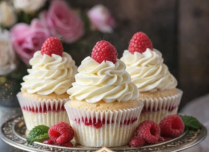 Almond wedding cake cupcakes with raspberry filling on a decorative platter.