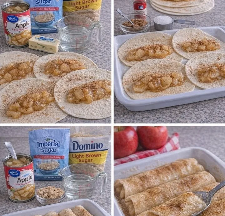 Deliciously baked Apple Enchiladas topped with cinnamon sauce and served warm