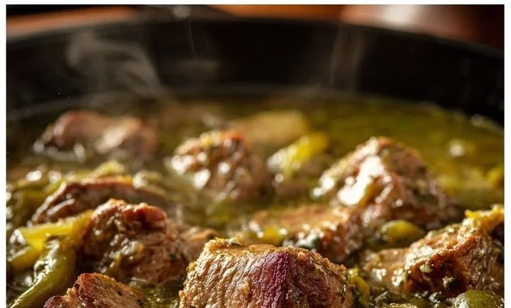 Bowl of award-winning green chile with vibrant colors and spices