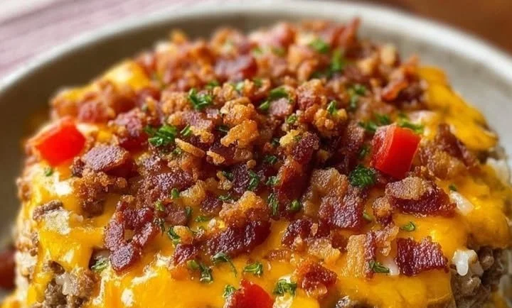 Bacon Cheeseburger Rice Skillet featuring juicy bacon, cheese, and savory rice.