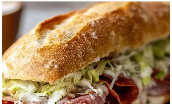 Delicious baked Italian sub sandwiches with layers of meats and cheeses.