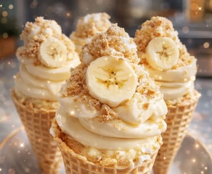 Delicious banana pudding cheesecake cones topped with whipped cream and banana slices