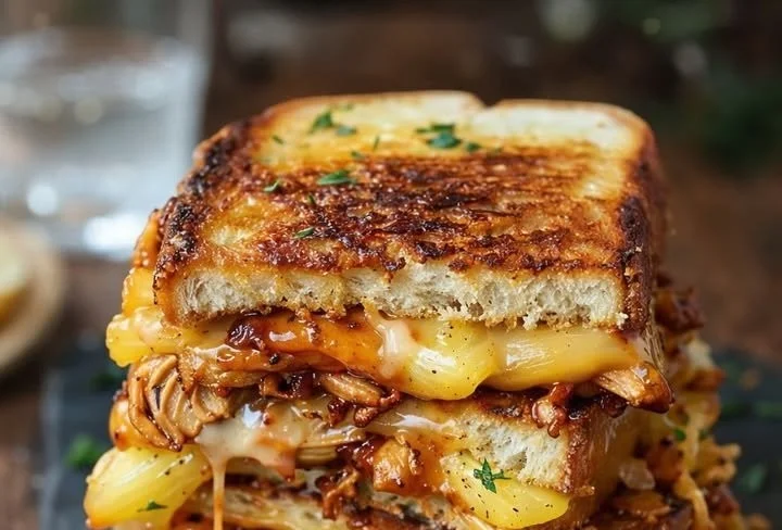 BBQ Chicken Pineapple Grilled Cheese sandwich with melted cheese and colorful toppings.