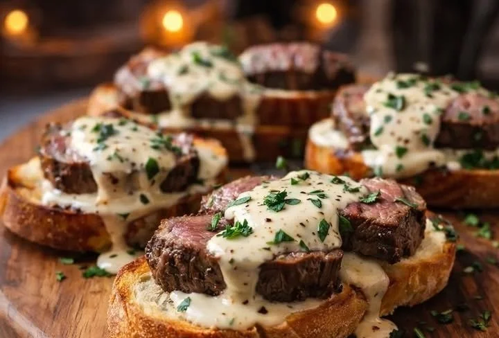 Beef tenderloin crostini garnished with creamy Parmesan sauce on a serving platter