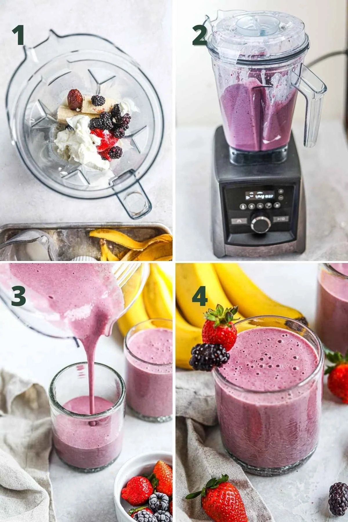 A delicious blackberry strawberry banana smoothie in a glass with fresh fruits.