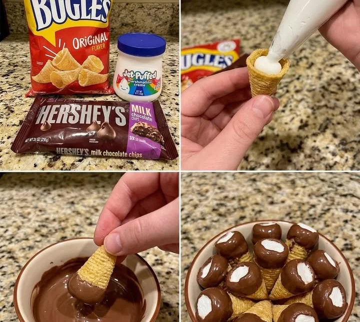 Chocolate dipped cones featuring Bugles and Jet-Puffed marshmallows