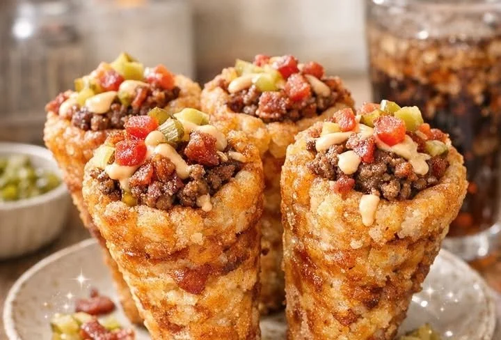 Cheeseburger stuffed tater tots in a cone shape garnished with toppings