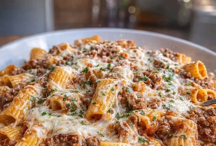 Cheesy Beef Rigatoni Bake topped with melted cheese and fresh herbs
