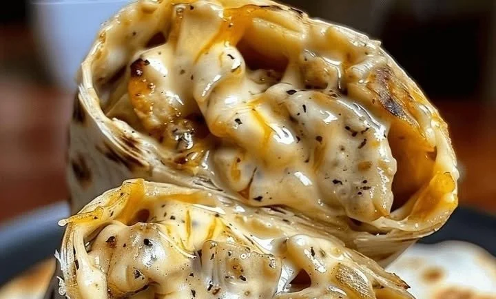 Delicious cheesy garlic chicken wrap served with fresh vegetables
