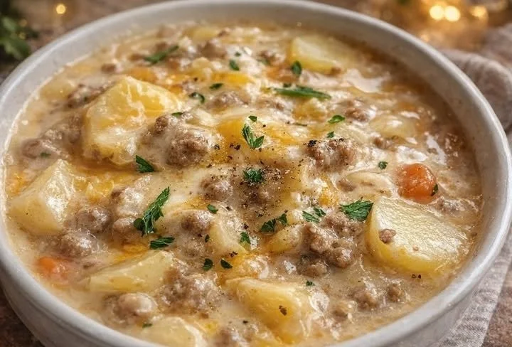 Bowl of cheesy hamburger potato soup garnished with herbs and cheese