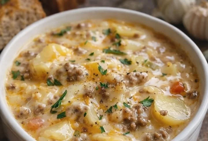 Bowl of cheesy hamburger potato soup topped with cheese and herbs.