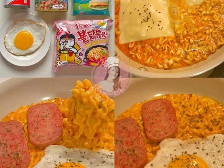 Cheesy Samyang Carbonara dish with creamy sauce and noodles