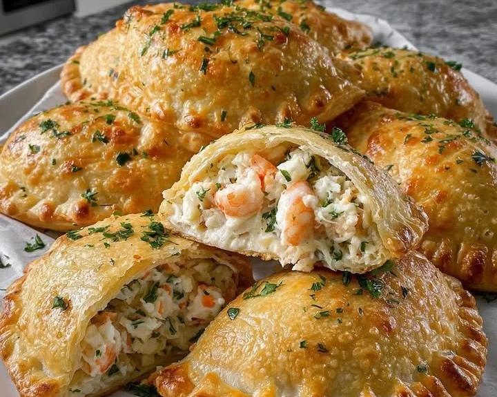 Cheesy shrimp stuffed hand pies on a platter, ready to serve.