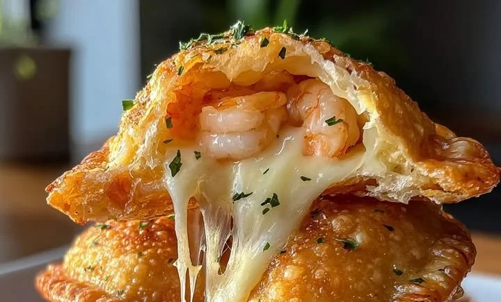 Cheesy shrimp stuffed hand pies on a plate, golden brown and crispy
