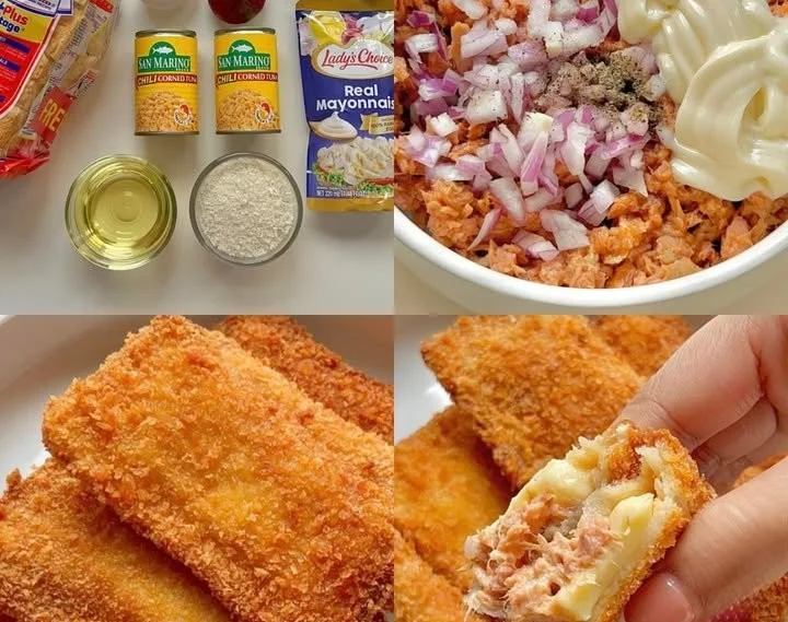 Delicious cheesy tuna pie served on a plate with fresh herbs.