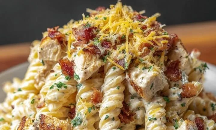 Delicious Chicken Bacon Ranch Pasta topped with herbs and crispy bacon