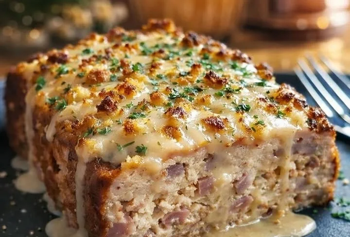 Chicken Cordon Bleu Meatloaf topped with melted cheese and crispy ham