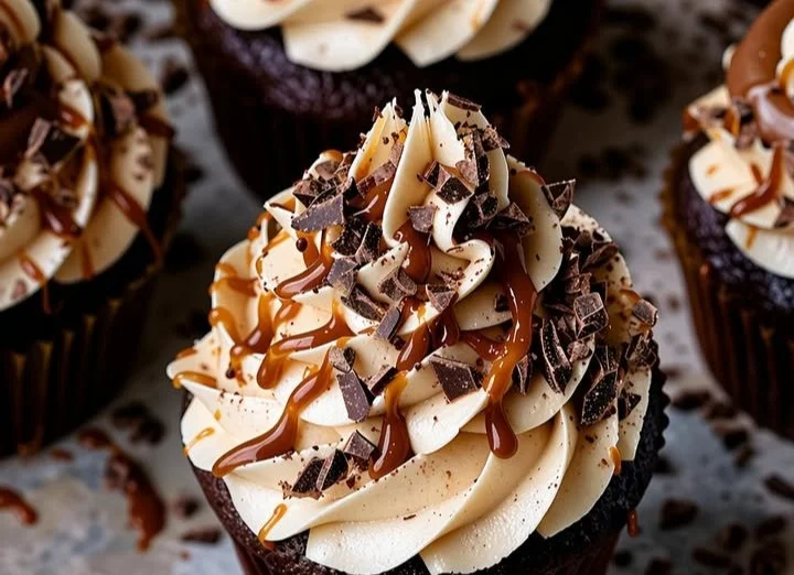 Delicious chocolate espresso cupcakes with salted caramel buttercream frosting