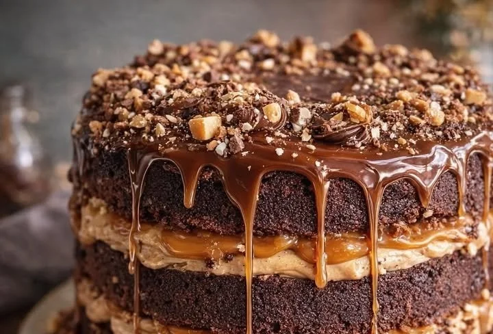 Delicious Chocolate Peanut Butter Toffee Cake with salted caramel topping