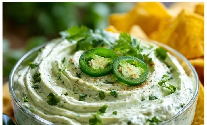 Bowl of Cilantro Jalapeño Dip with fresh cilantro and jalapeños